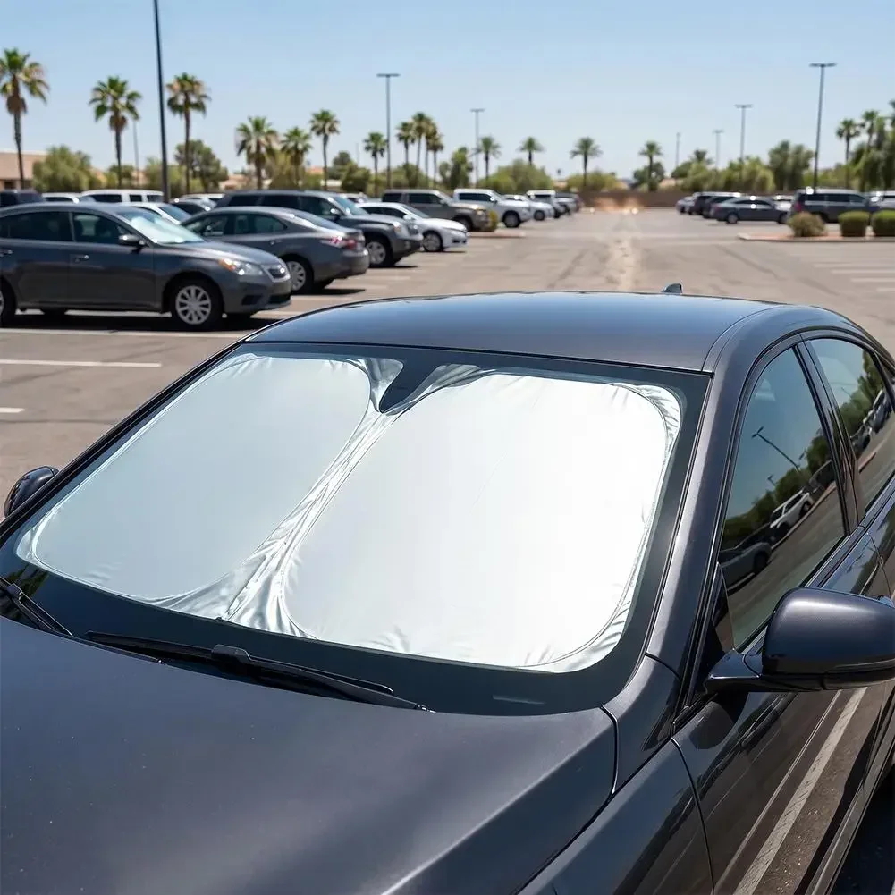 Windshield Sun Shade - ม่านบังแดดรถยนต์สำหรับกระจกหน้ารถ สีไทเทเนียมเงิน แบบหนาพิเศษ พับเก็บได้ อุปกรณ์ป้องกันแสงยูวีภายในรถ
